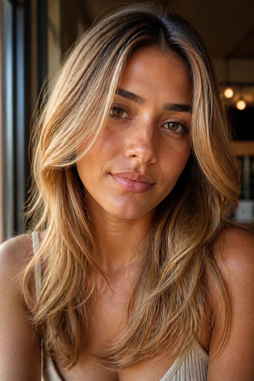 Close-up of olive skin with honey blonde hair in beige-gold amber tones