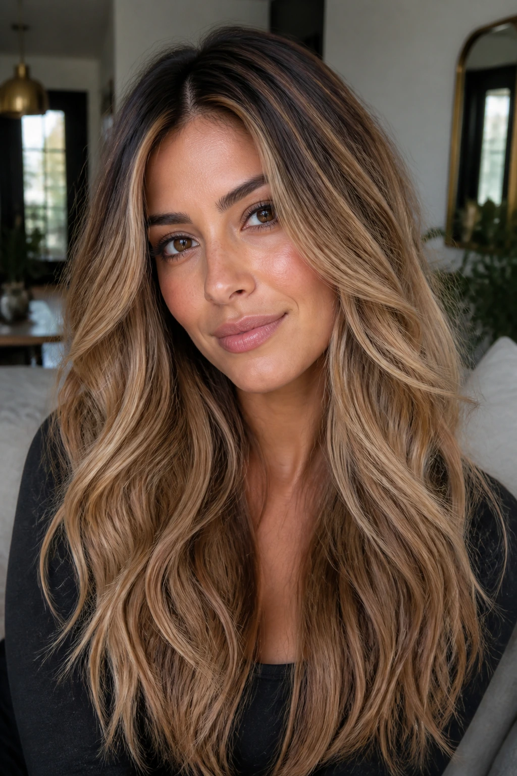 Portrait of a real person with olive undertones and honey-blonde hair showing warm, neutral, and smoky tones