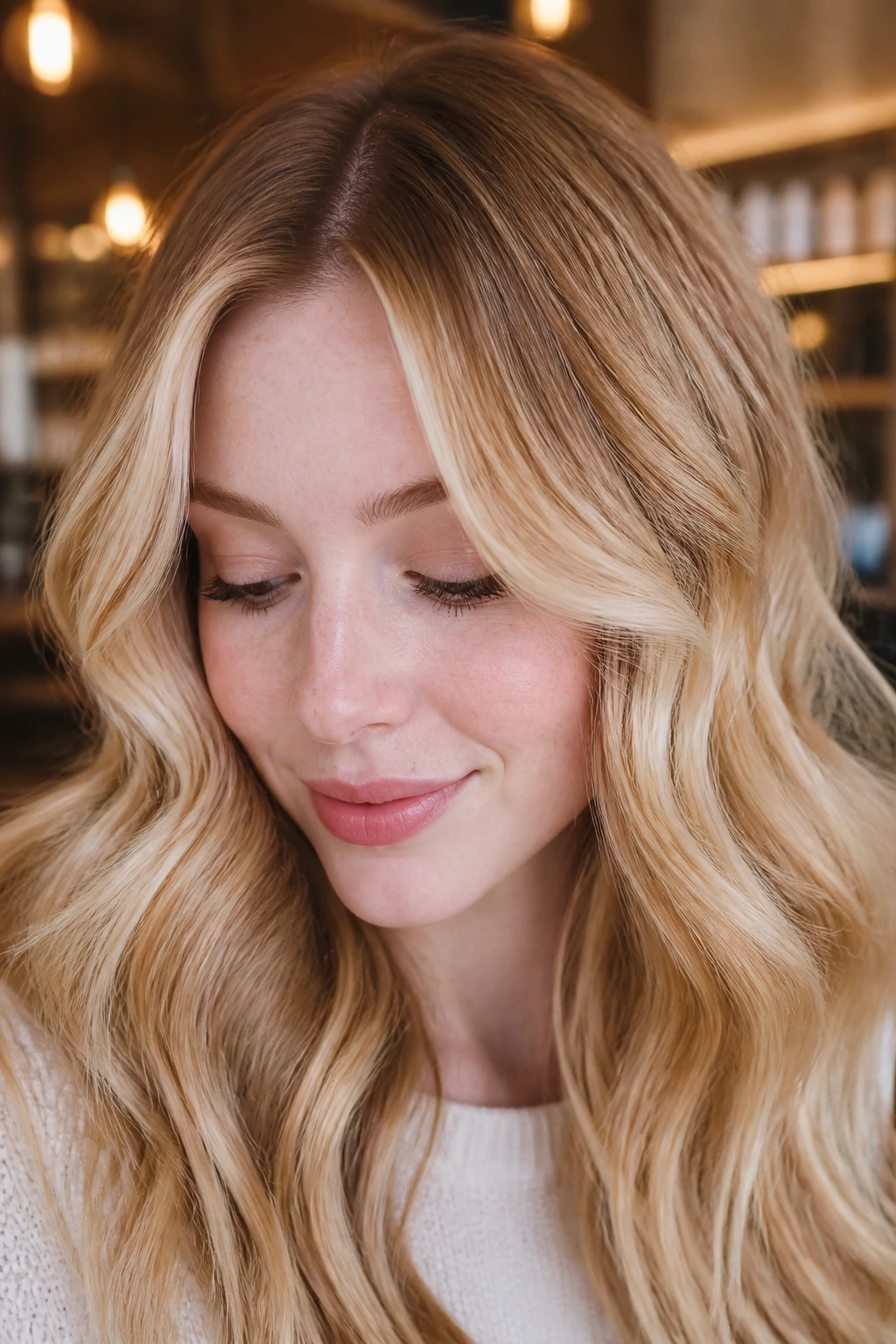 Close-up portrait of pale skin with golden honey blonde hair and face-framing ribbons