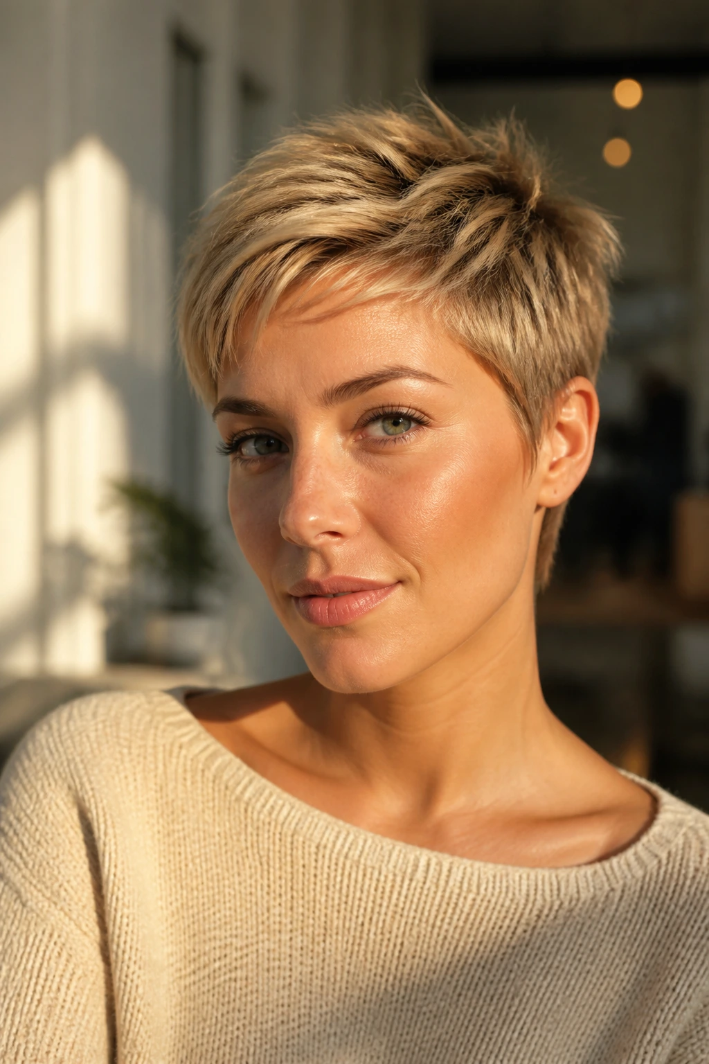 Close-up portrait of a real woman with a honey-kissed pale blonde pixie crop