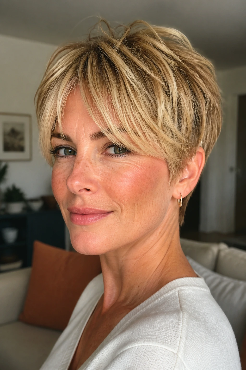 Portrait of a woman with honey blonde choppy pixie and curtain fringe.