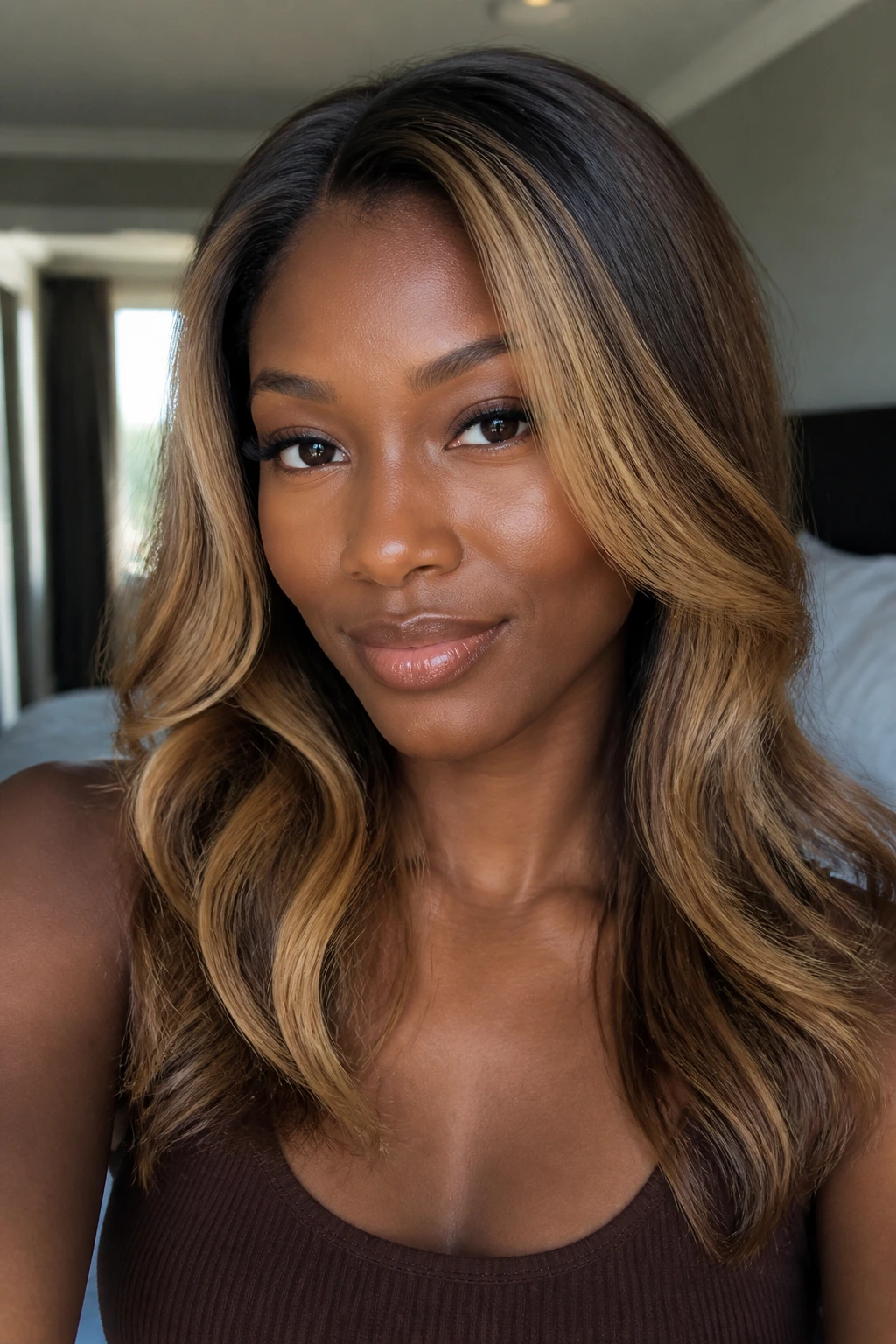 Close-up portrait of a woman with honey blonde hair highlighting the face and crown in warm window light.