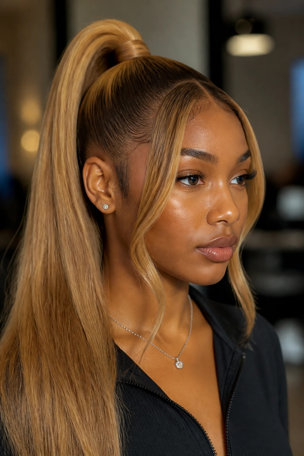 Close-up of a real woman with a sleek honey-blonde high pony and caramel money pieces