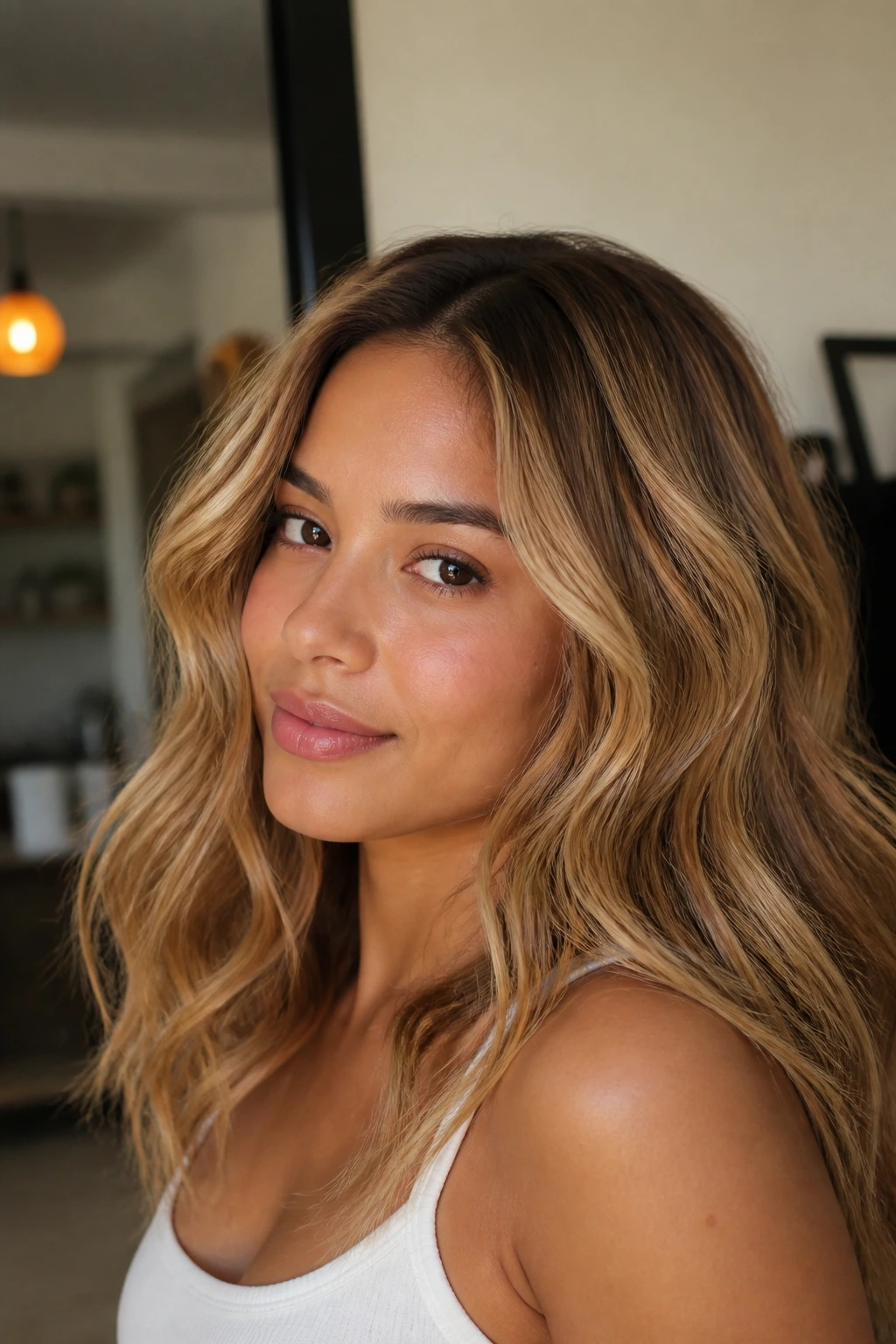 Close-up portrait of a woman with medium skin and honey-blonde hair with soft waves