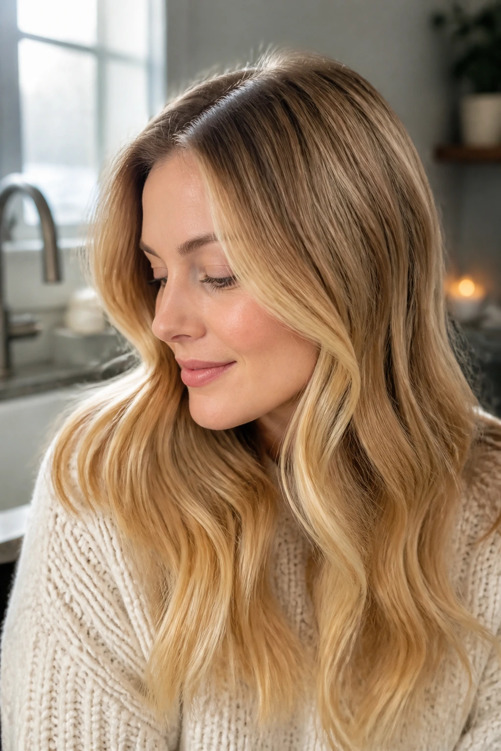 Portrait of a person with warm honey blonde hair in soft window light