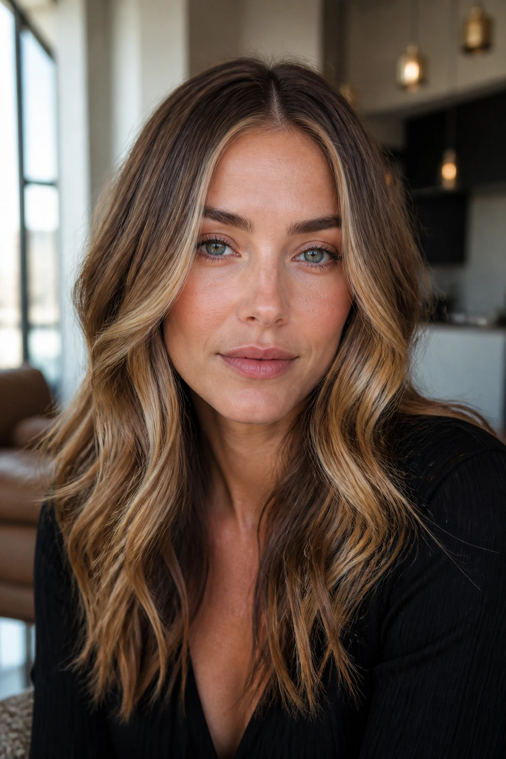 Portrait of a woman with dark honey blonde highlights styled in loose waves.