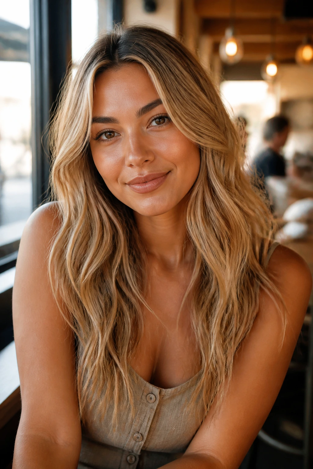 Real woman with honey blonde hair in soft waves at a cafe window