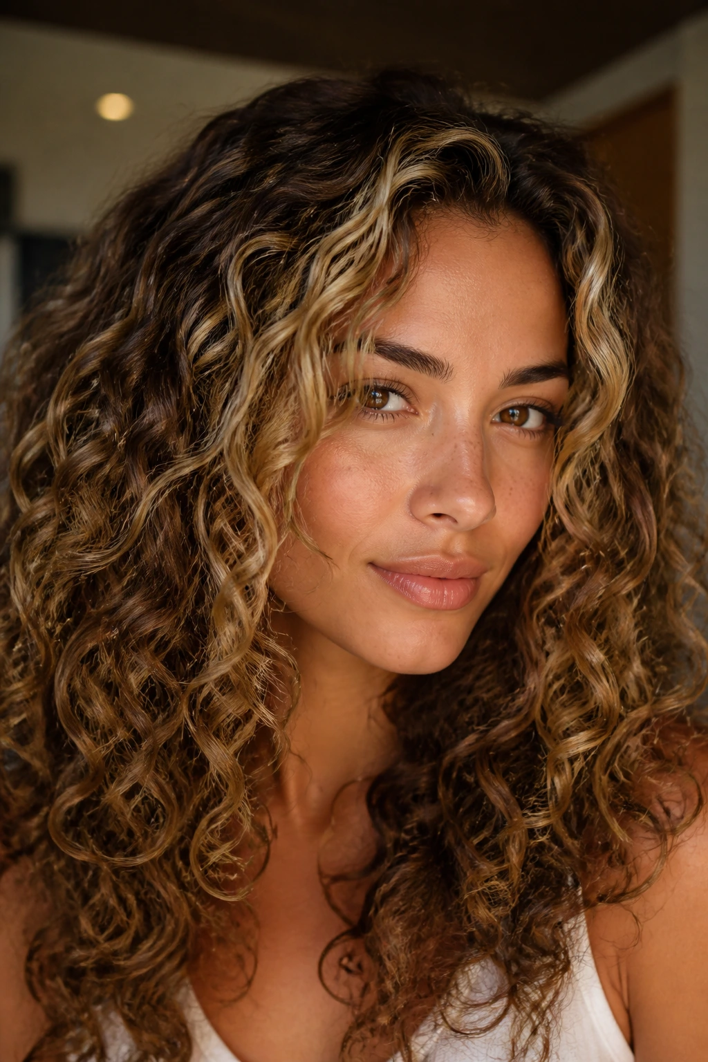 Close-up of curls with narrow honey blonde ribbons on the top and front