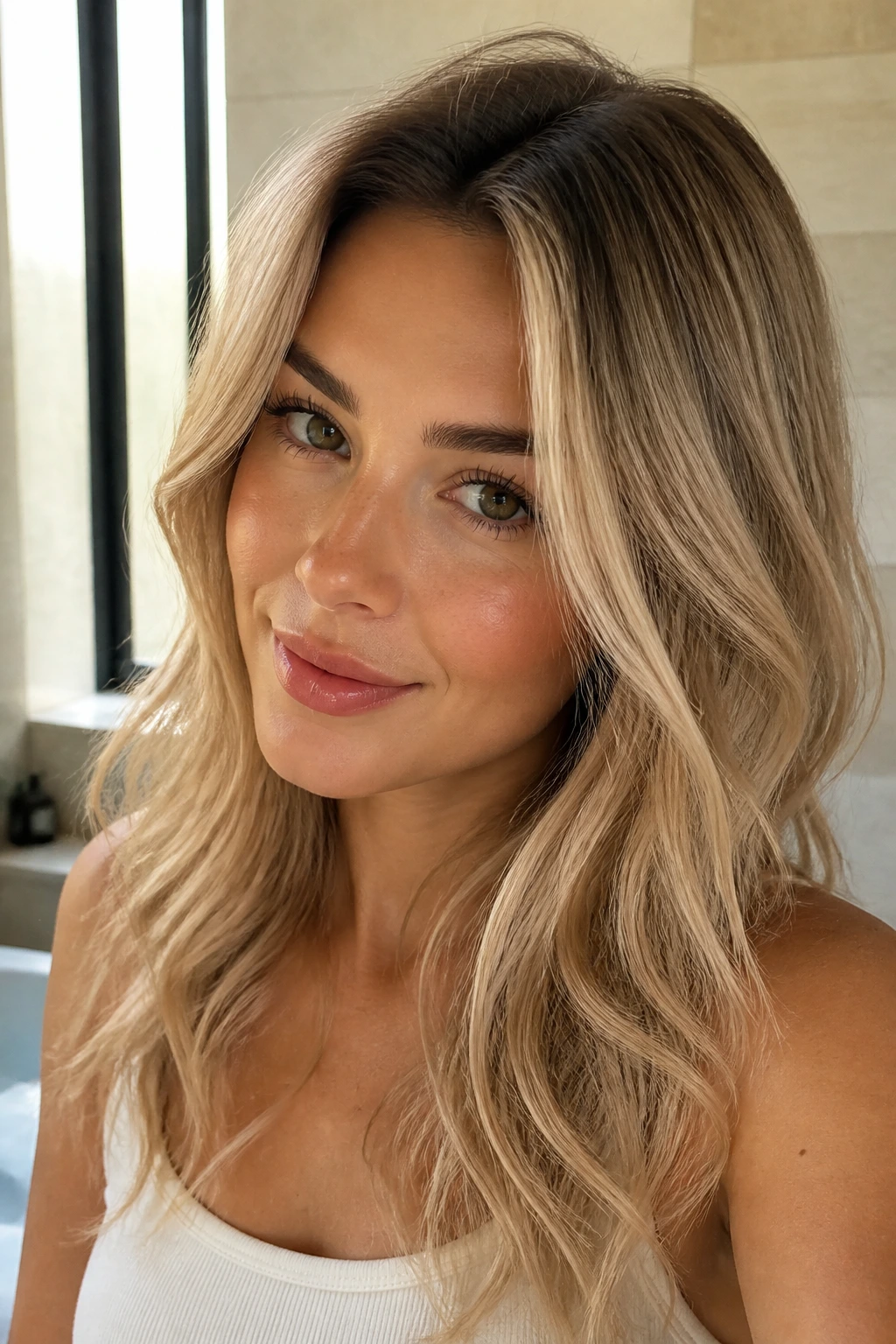 Close-up portrait of a real woman with honey blonde hair and a darker root shadow, warm lighting.
