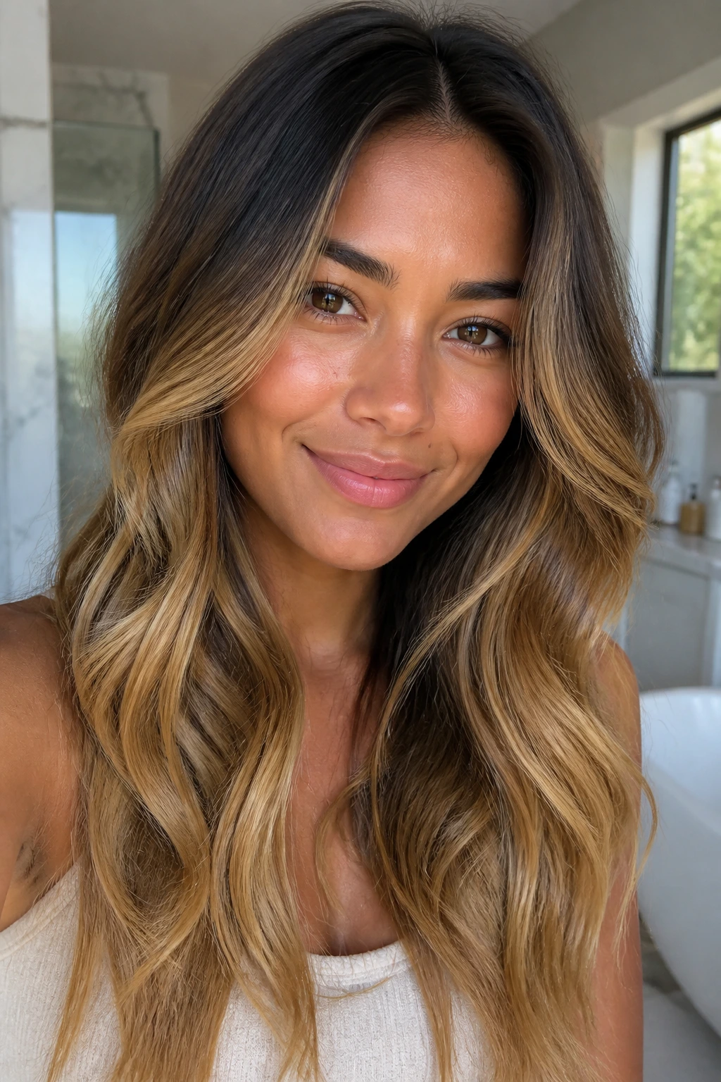 Close-up of a woman with honey blonde ends and root shadow in hair