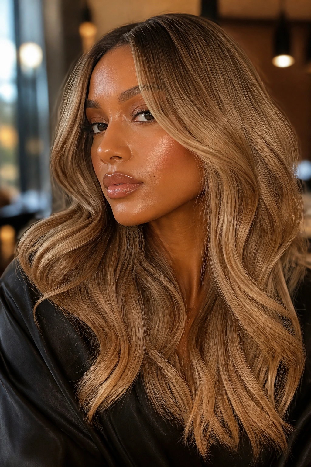 Close-up of a real woman with smoky honey blonde hair and soft root smudge in warm lighting