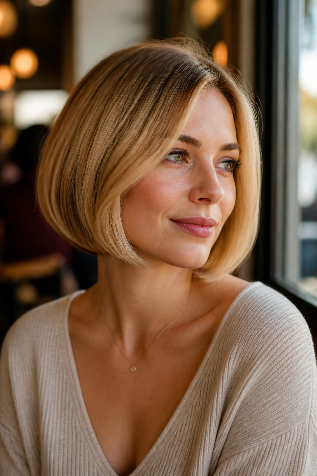 Close-up portrait of a real woman with honey-blonde rounded bob on a heart-shaped face; warm tones.