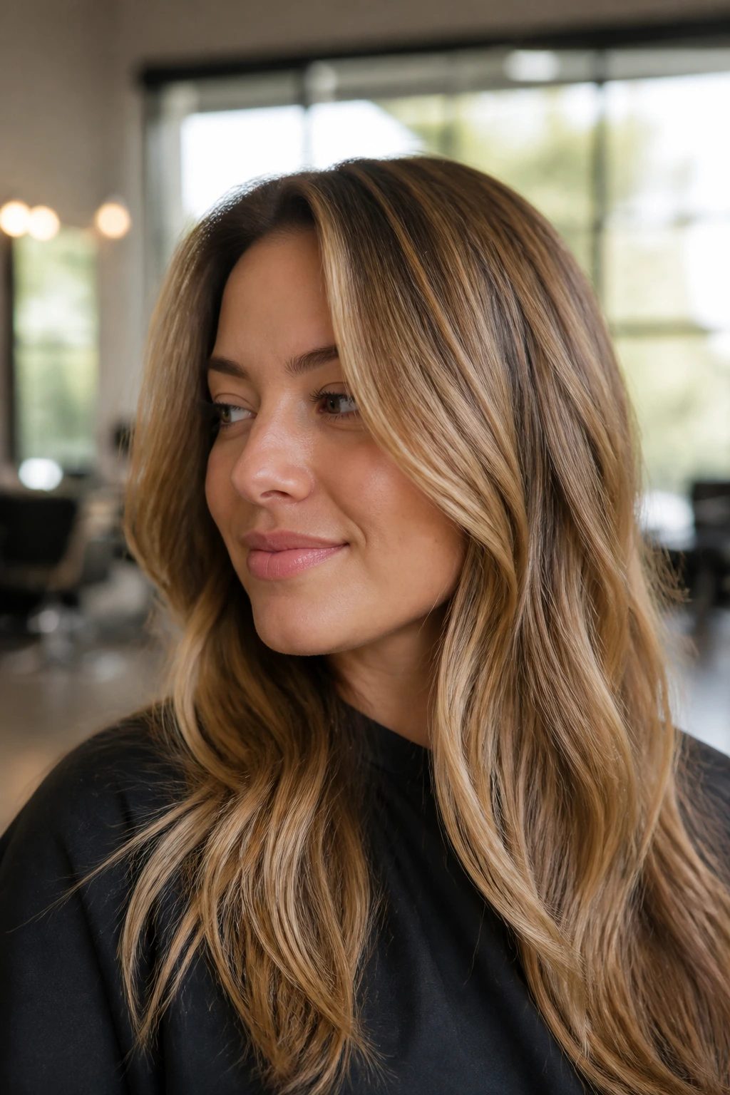 Portrait of a real woman with honey-blonde hair in a salon chair under daylight