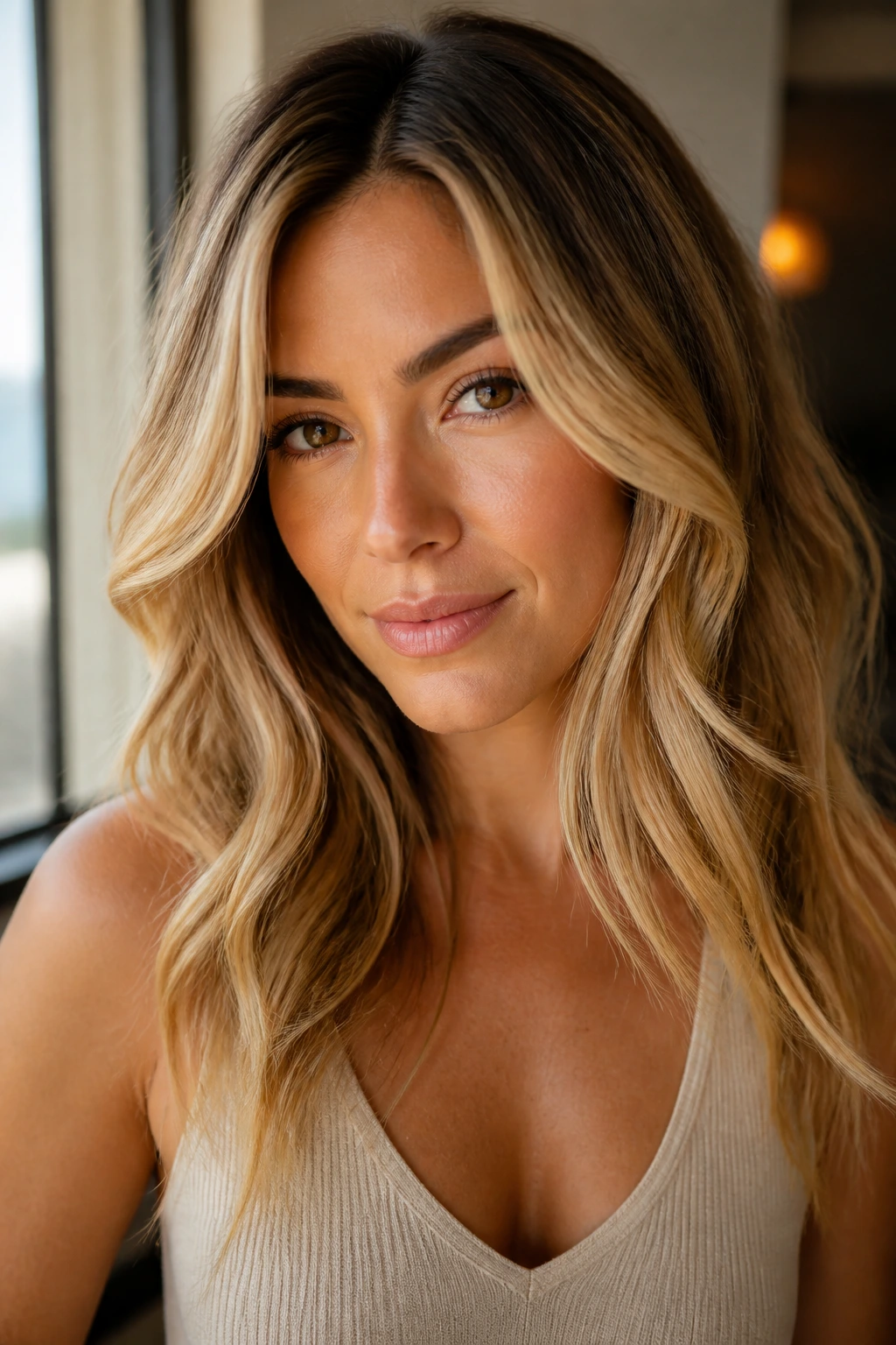 Portrait of a woman showing shade with deeper roots and brighter face-framing in honey blonde.