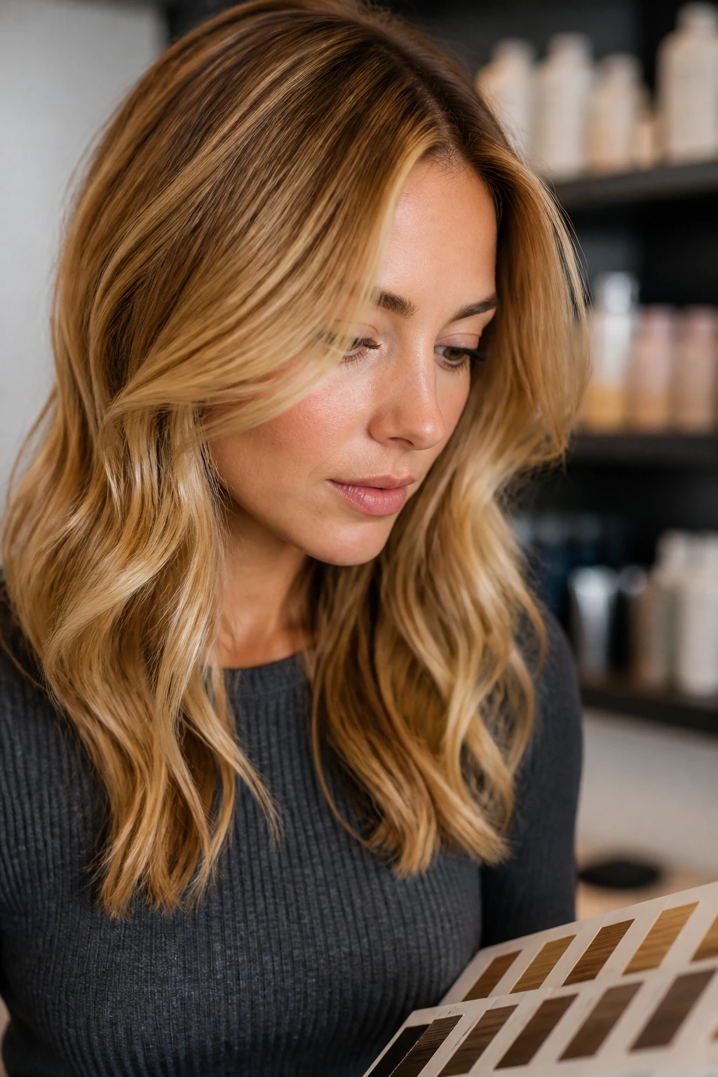 Portrait of a person in a salon or boutique considering honey blonde shade.