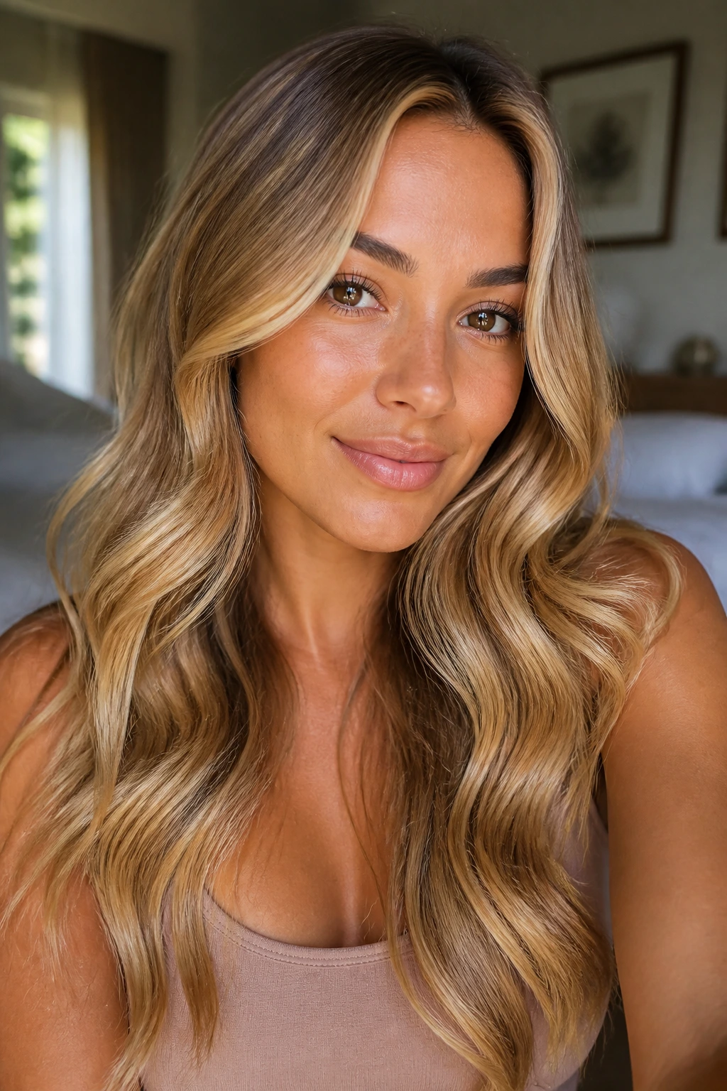 Close-up portrait of a real woman with honey blonde hair showing beige-gold shine and dimension