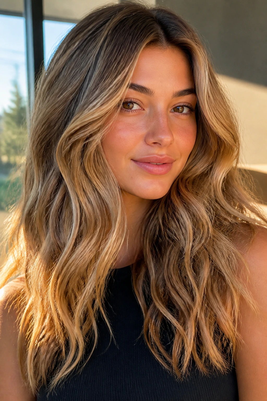Portrait of a person with honey-blonde hair styled in loose waves under natural light