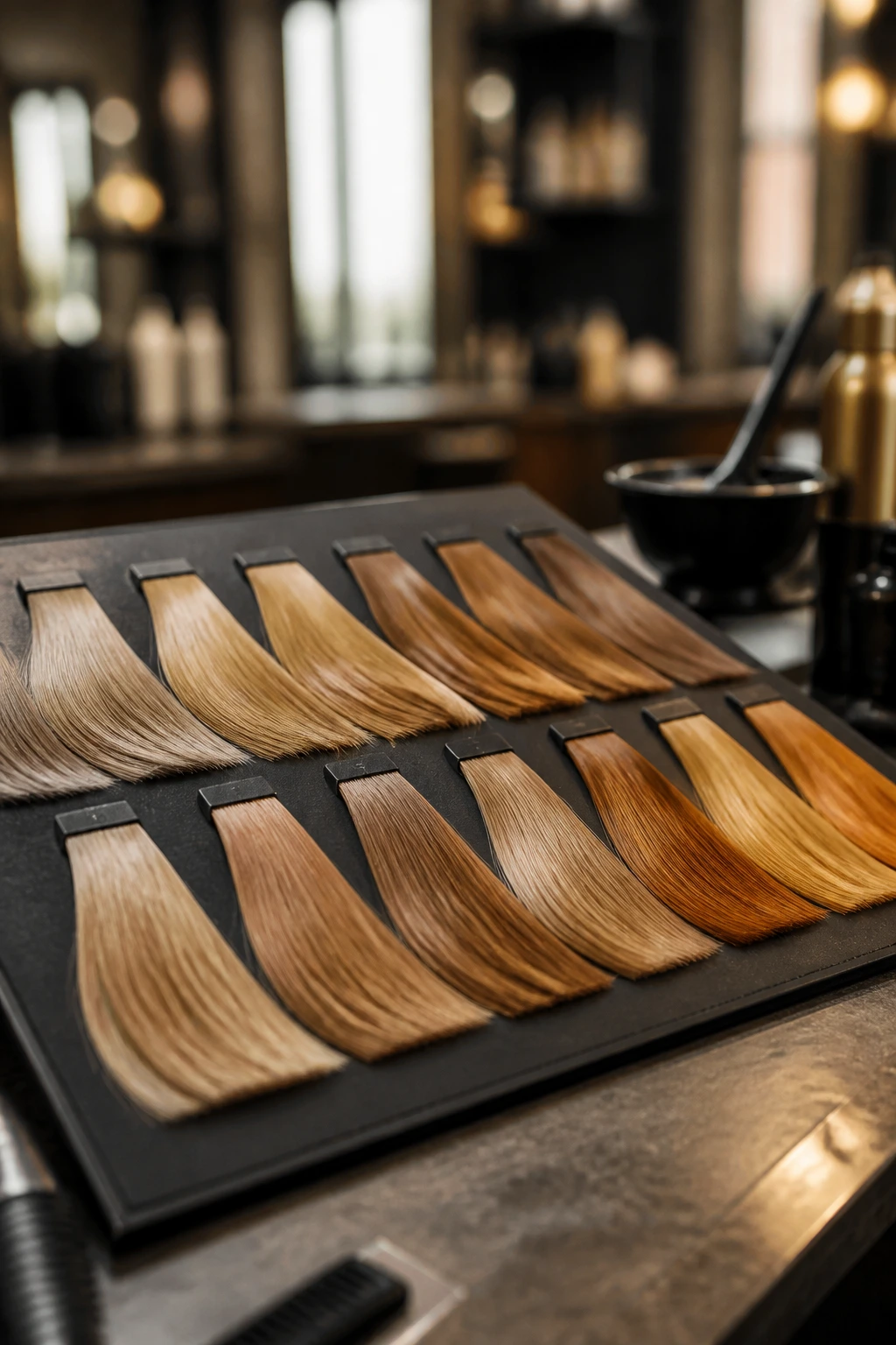 Close-up color swatches showing beige-gold and brassy tones