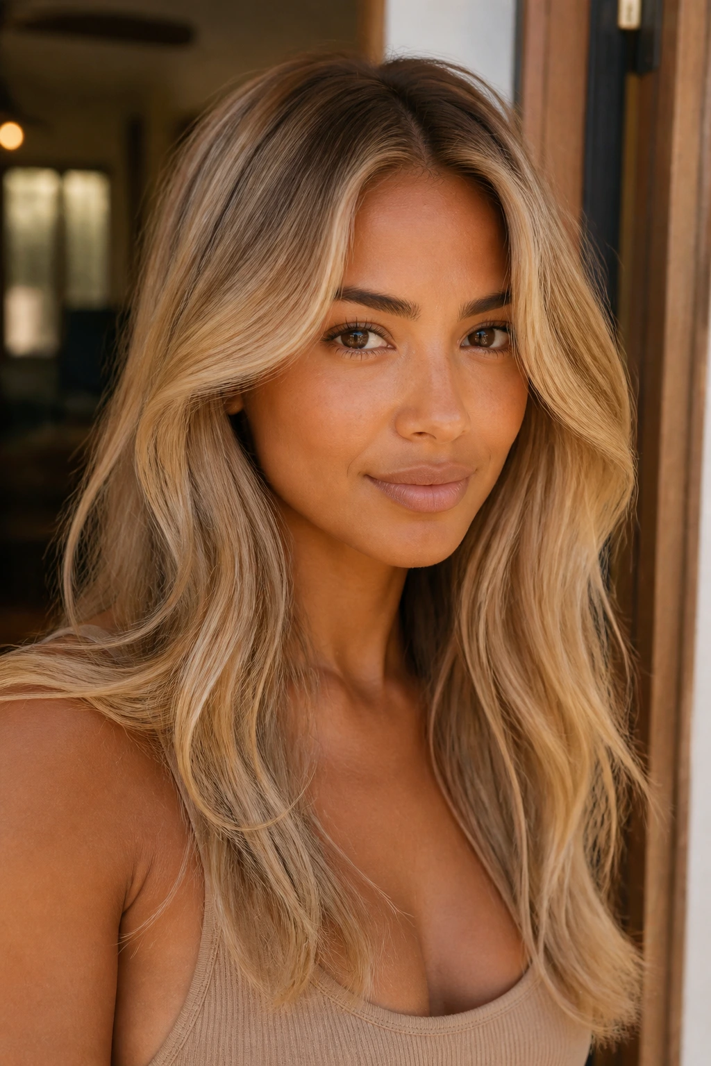 Close-up portrait of hair with creamy honey blonde on tan skin