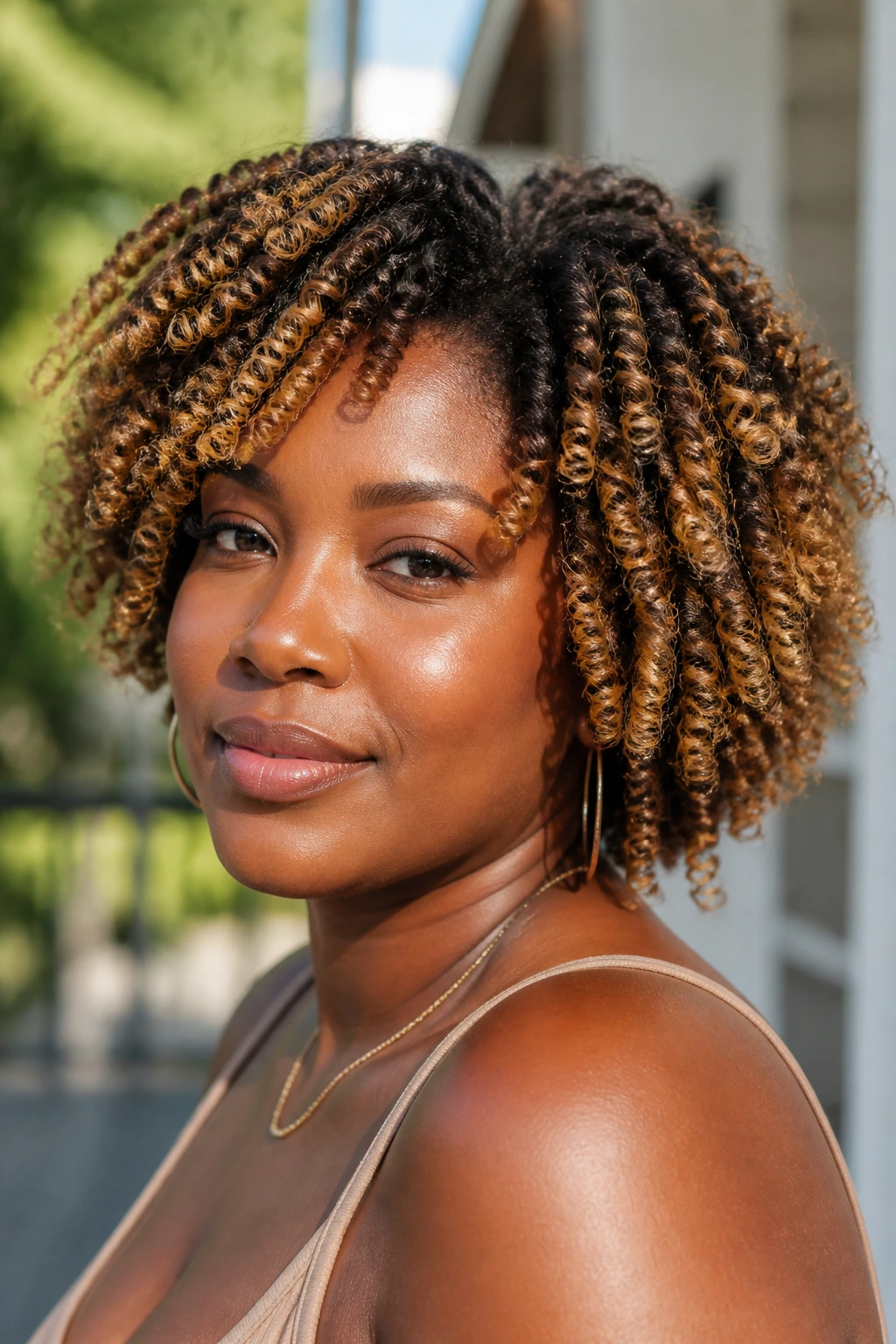Close-up of a real woman with honey blonde twist-out in sunlight
