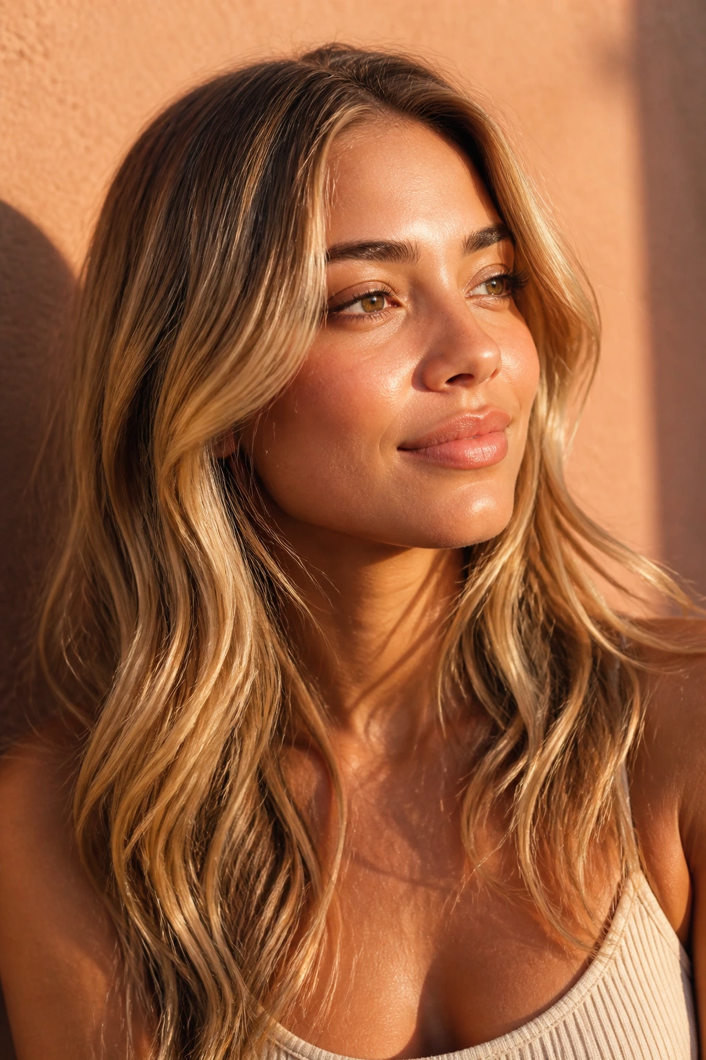 Close-up of a warm-skinned woman with honey blonde hair and sunlit highlights.