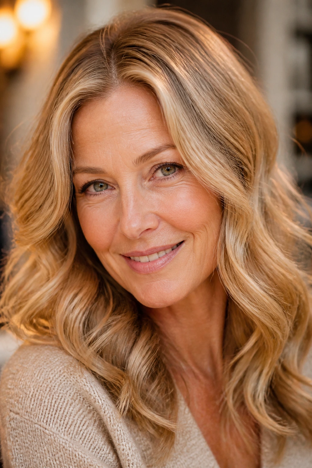 Portrait of a woman with honey blonde hair and warm glow