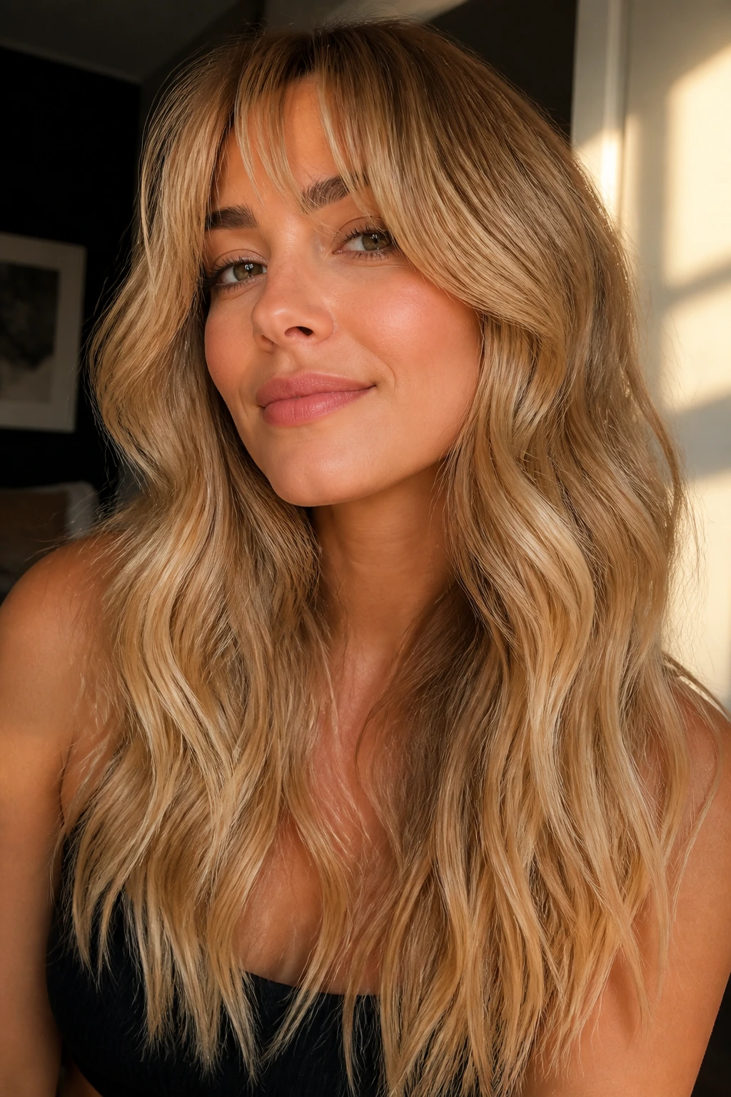Close-up of honey-blonde hair in pillow-slip waves on a real person