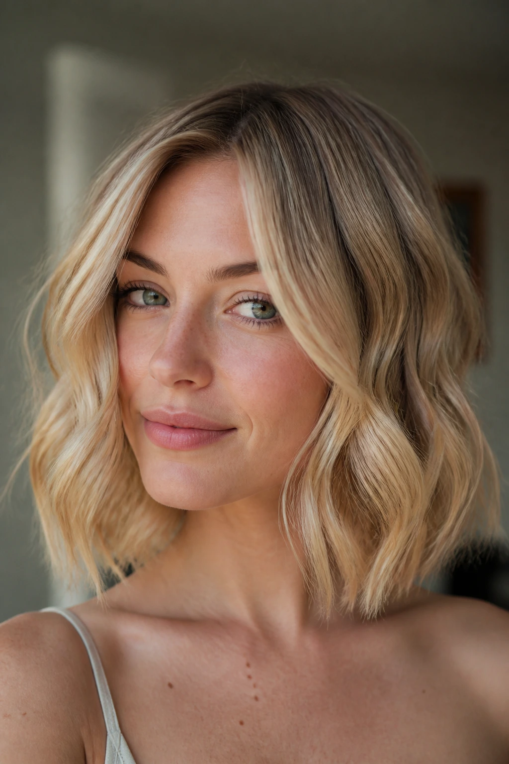 Real woman with collarbone-grazing honey blonde waves
