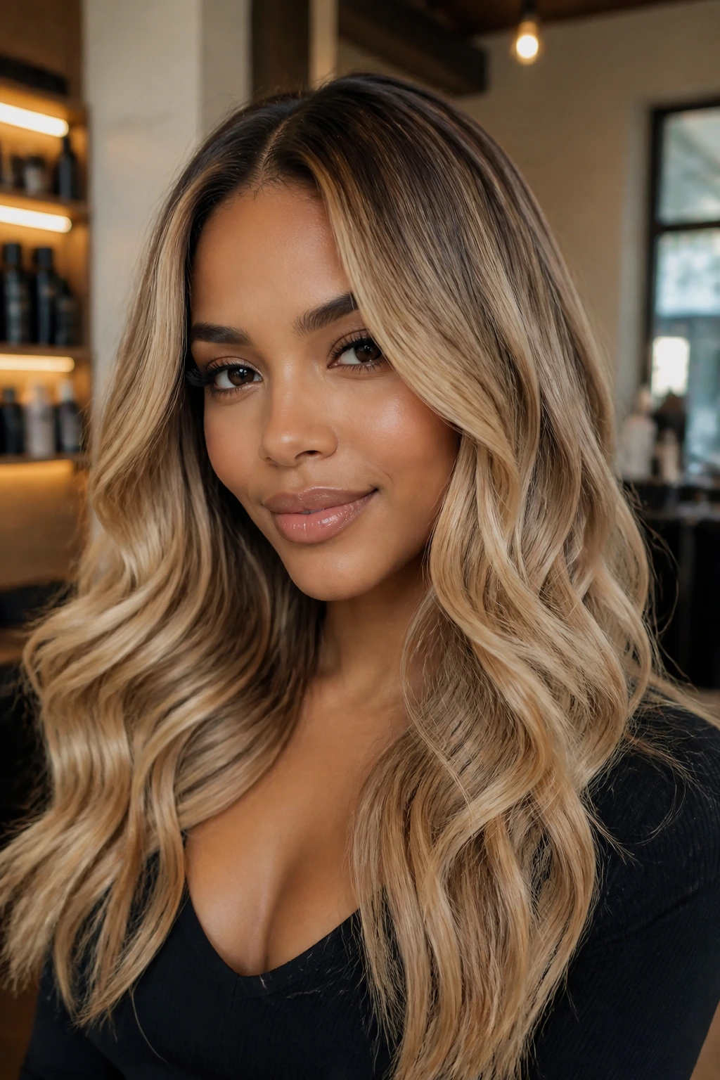 Close-up portrait of a real woman with honey-blonde waves and dark roots highlighting depth and movement.