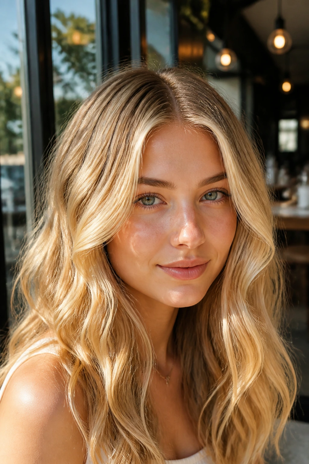 Portrait of person with honey sunbeam waves and center part