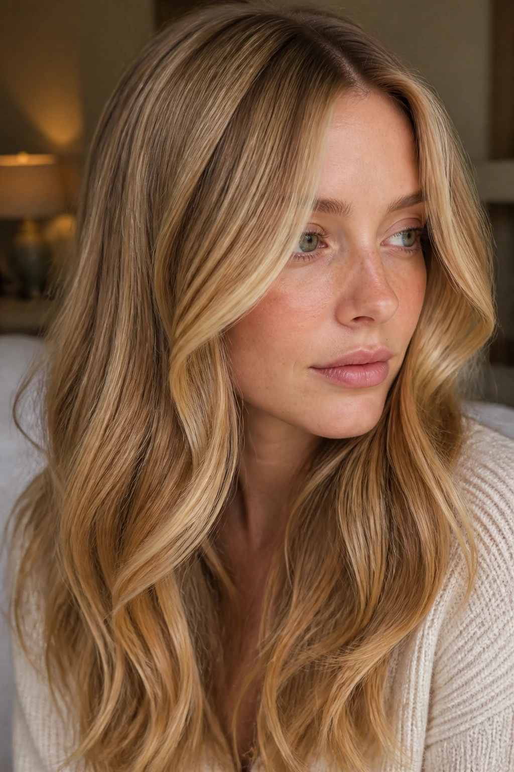 Portrait of a woman with honey blonde and wheat lowlights