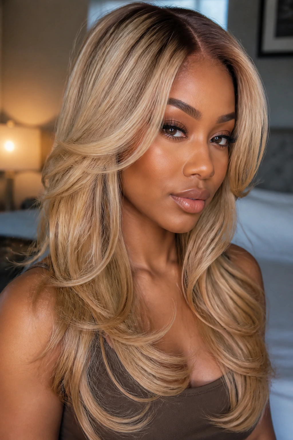 Close-up of a real woman wearing a honey blonde layered wig blowout.
