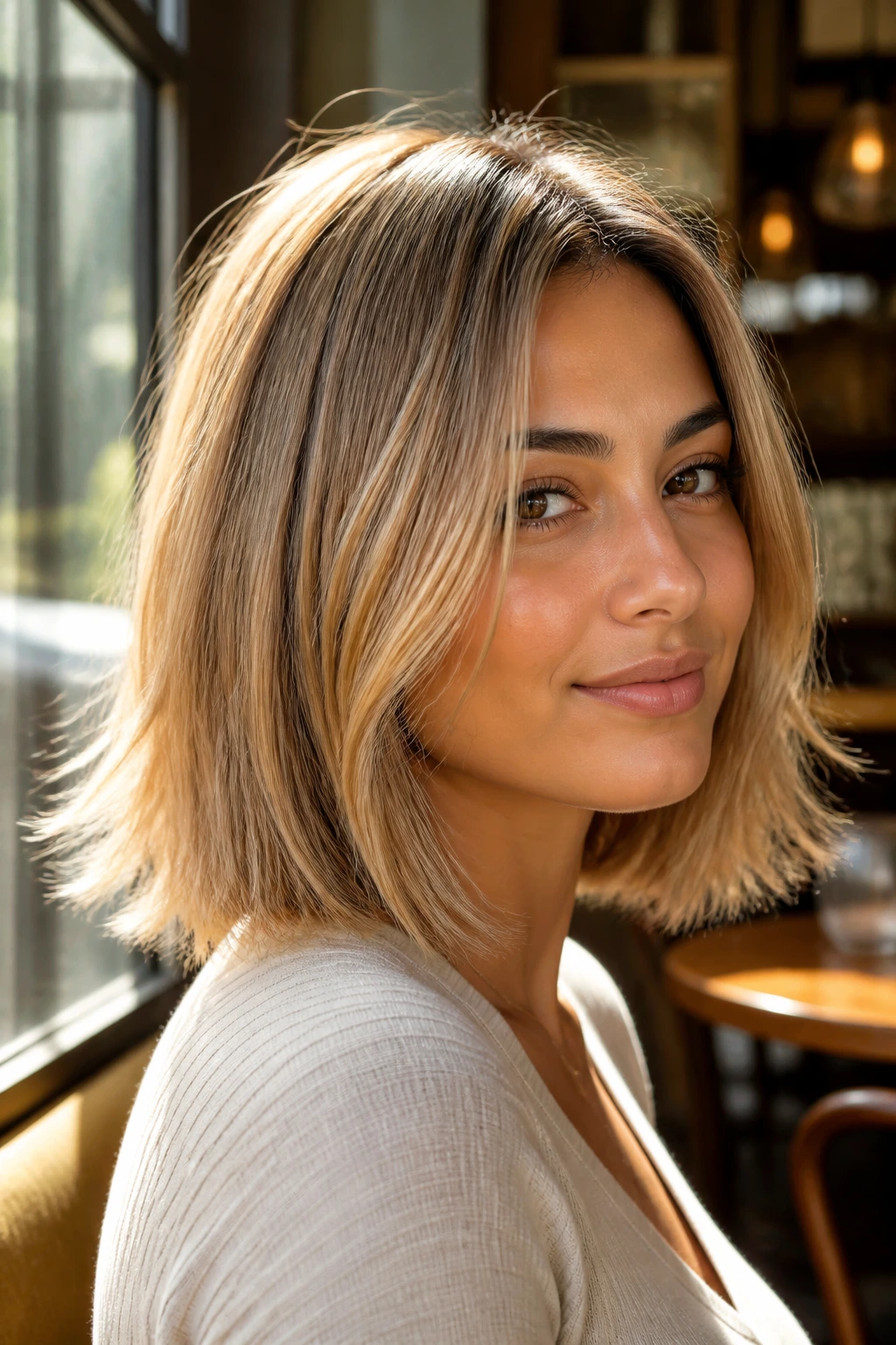 Close-up of a real woman with a sunlit honey bob and airy ends.