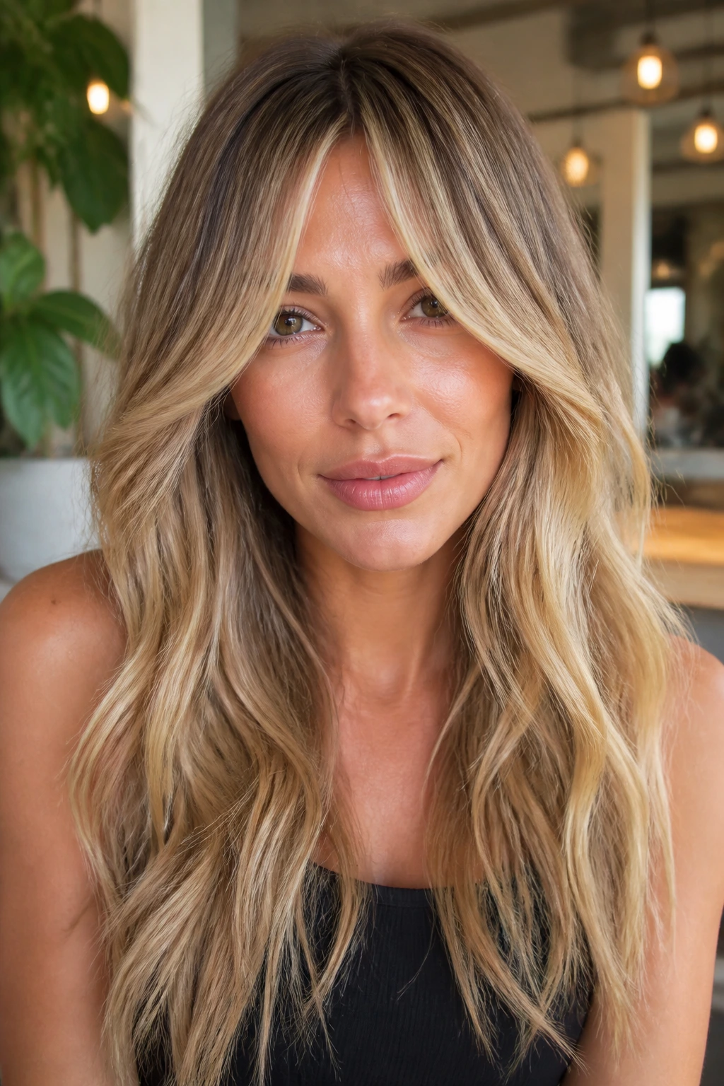 Portrait of a woman with honey bottleneck bangs and extensions