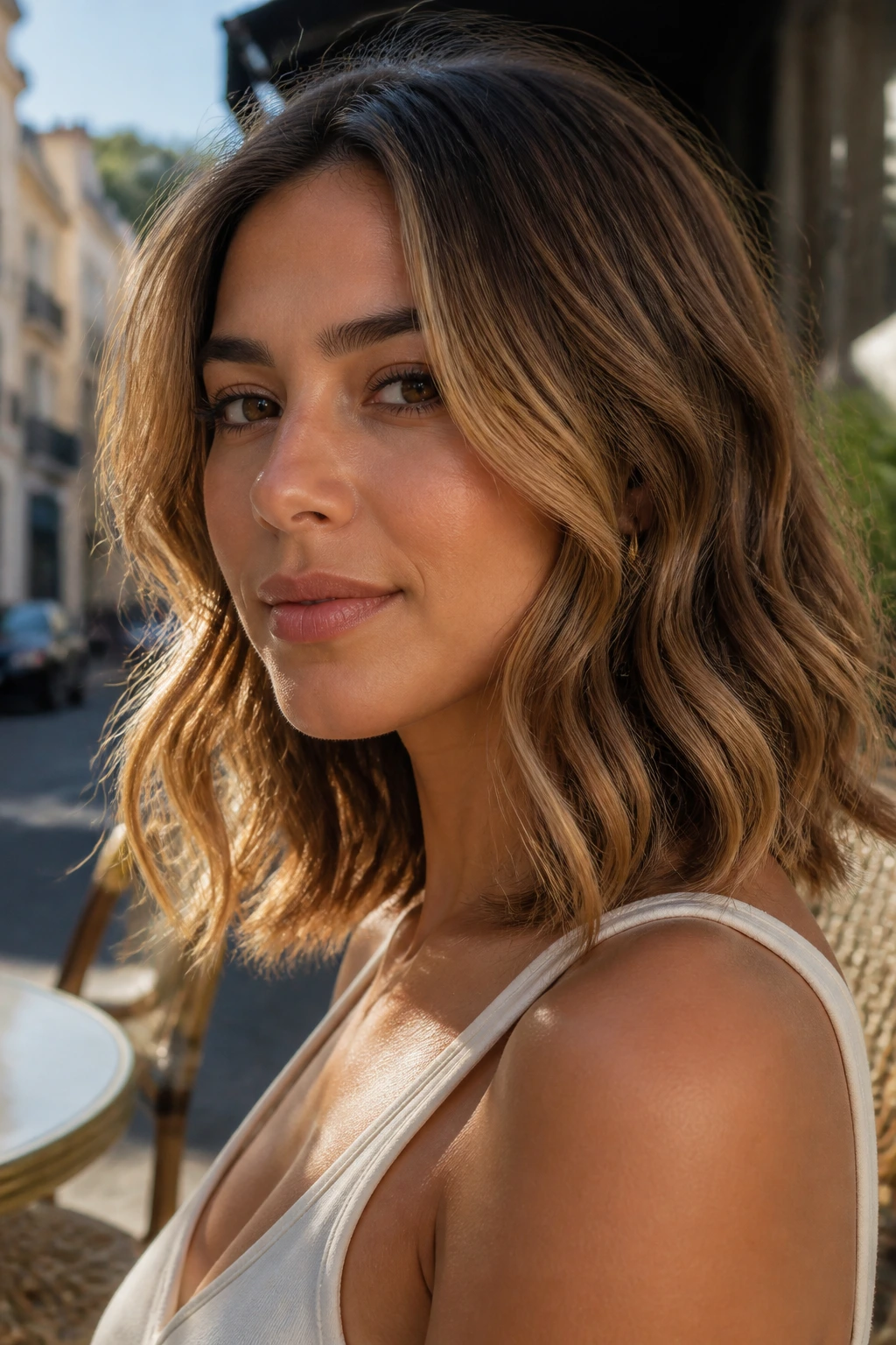 Real woman with honey bronde balayage and soft waves on shoulder-length hair.