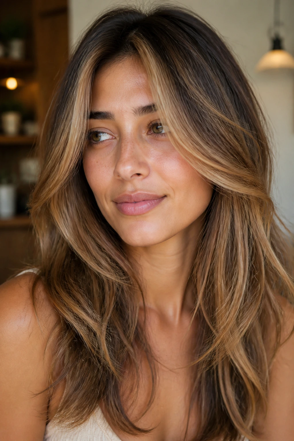 Portrait showing honey bronde highlights with face-framing pieces on a real person