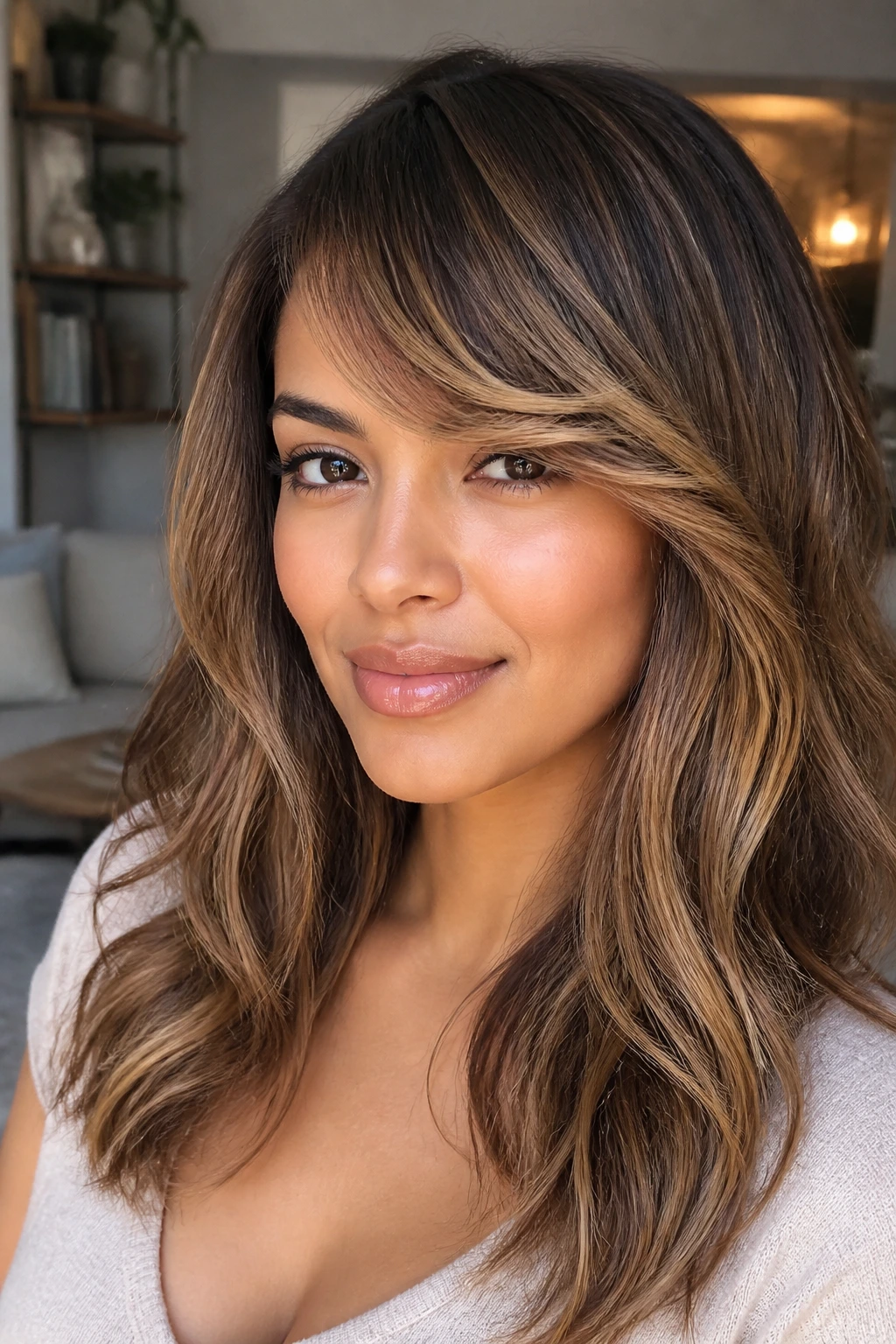 Portrait of a real person with honey bronde sweep along side-swept bangs in warm indoor light