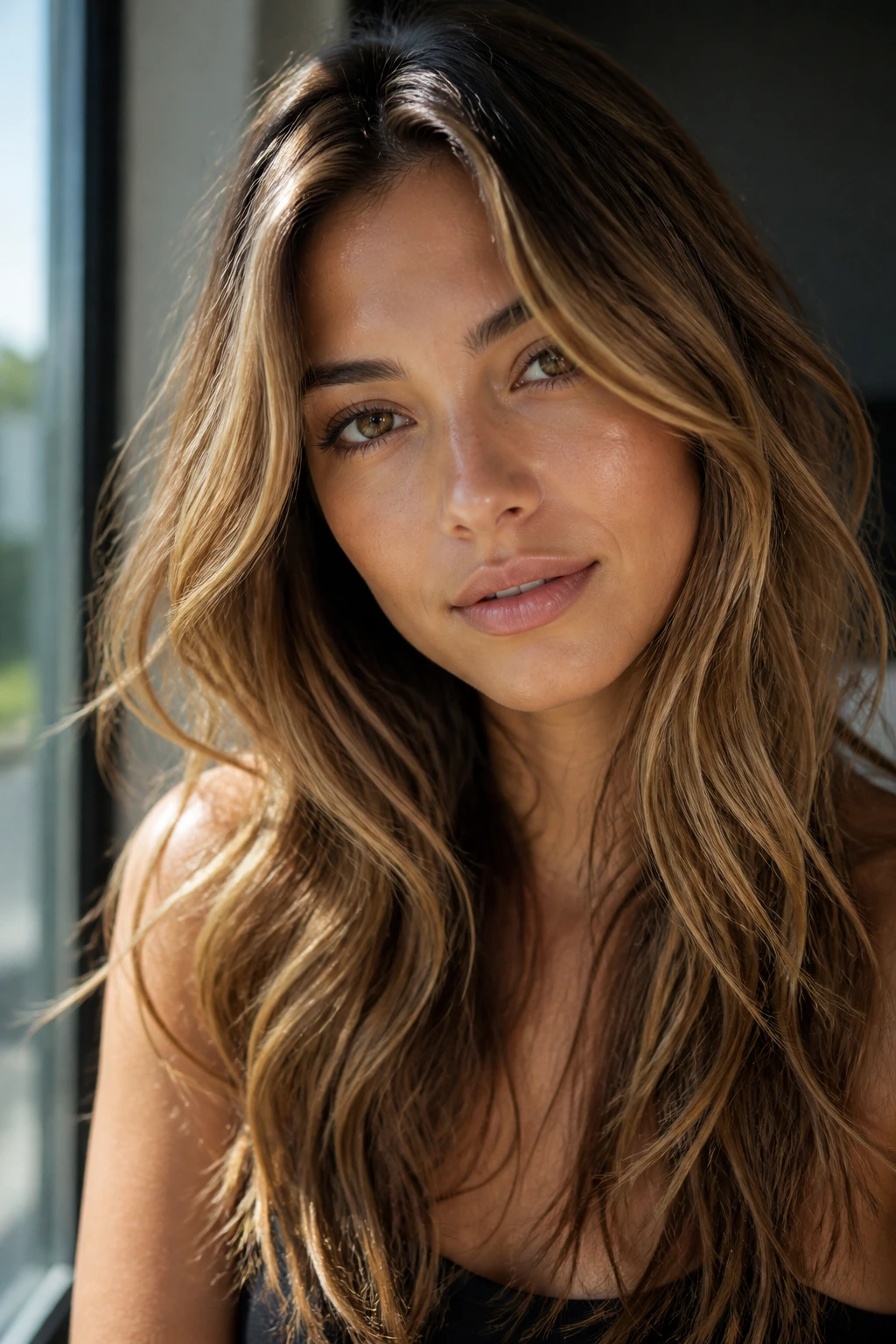 Portrait of a real woman with honey bronde hair color