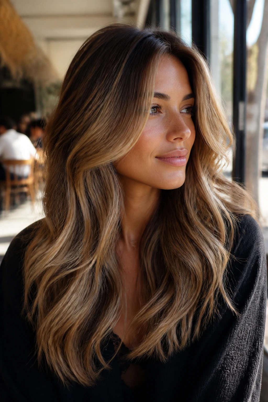 Close-up of a real woman with honey bronde layered movement hair in a sunlit cafe.