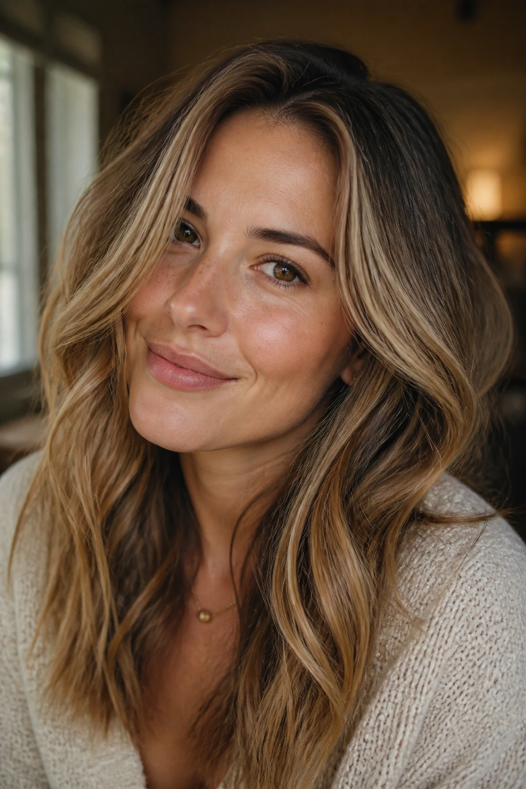 Close-up portrait of a real woman with honey bronde hair and shadow roots.