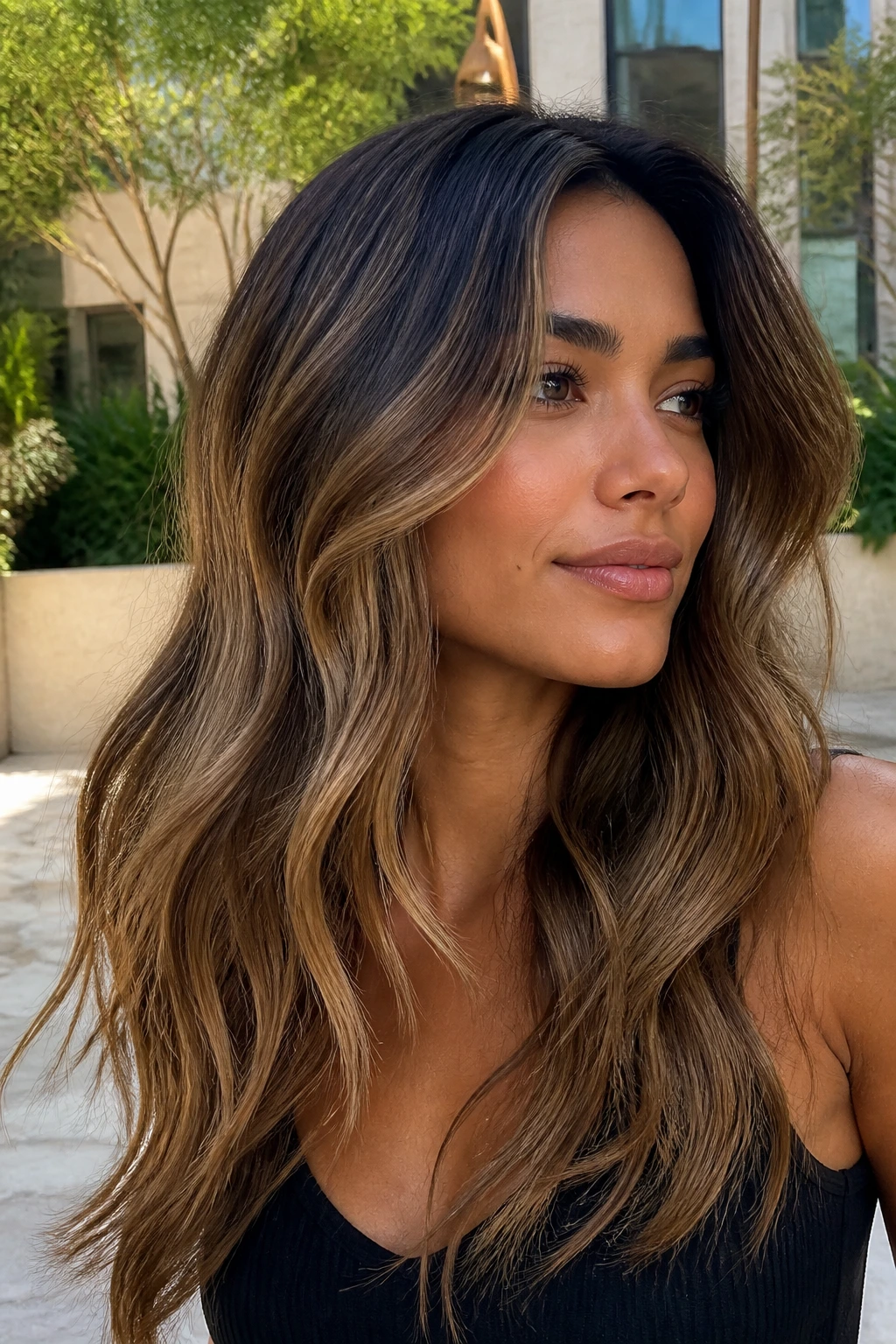 Close-up of real woman with honey bronze balayage on olive skin in daylight