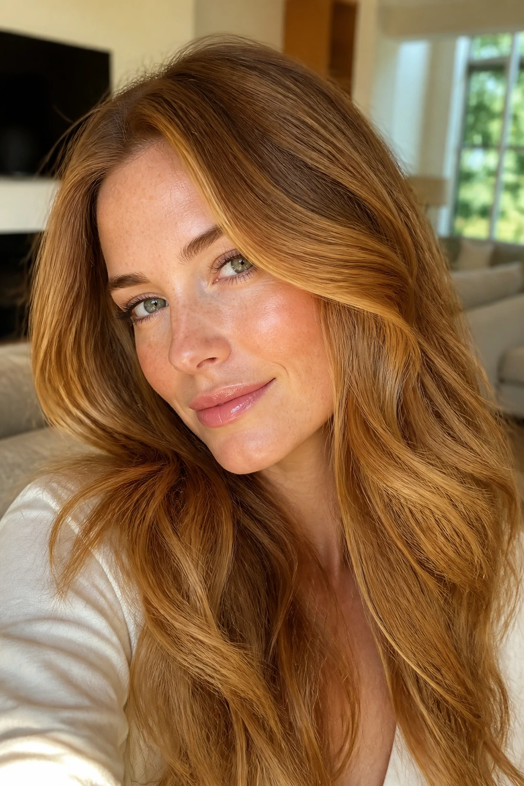 Close-up portrait of a real woman with honey bronze hair in natural light