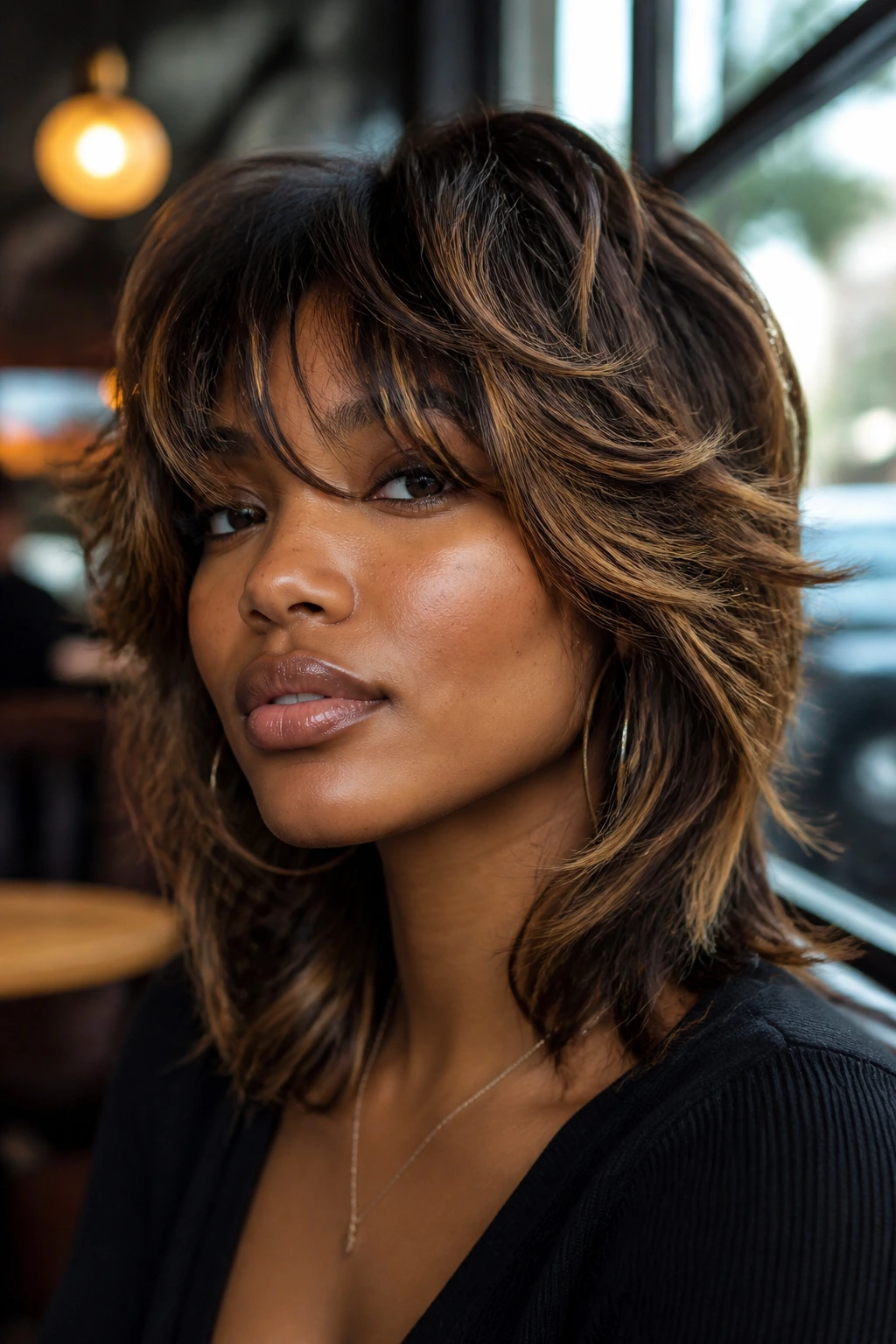 Layered shag with honey bronze highlights