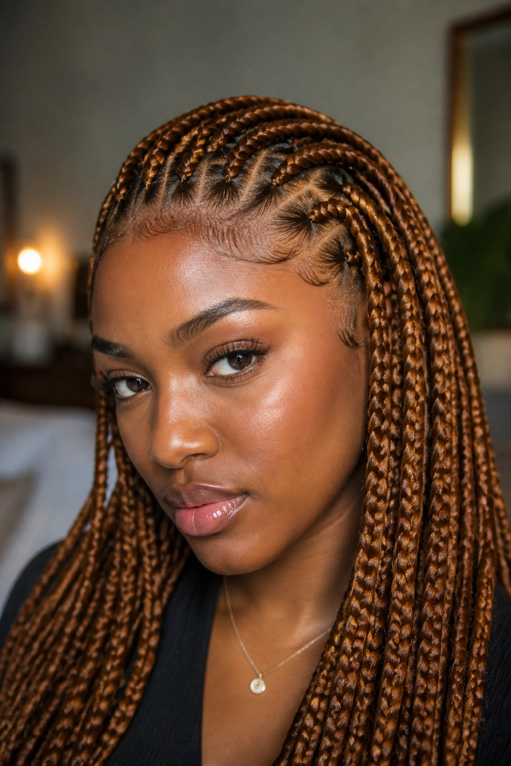 Real woman wearing honey-brown feed-in braids with lighter root near face