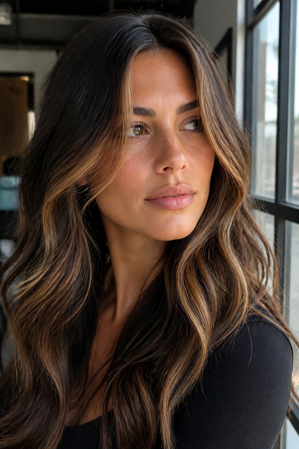 Brunette with honey-brown contour strips around the face