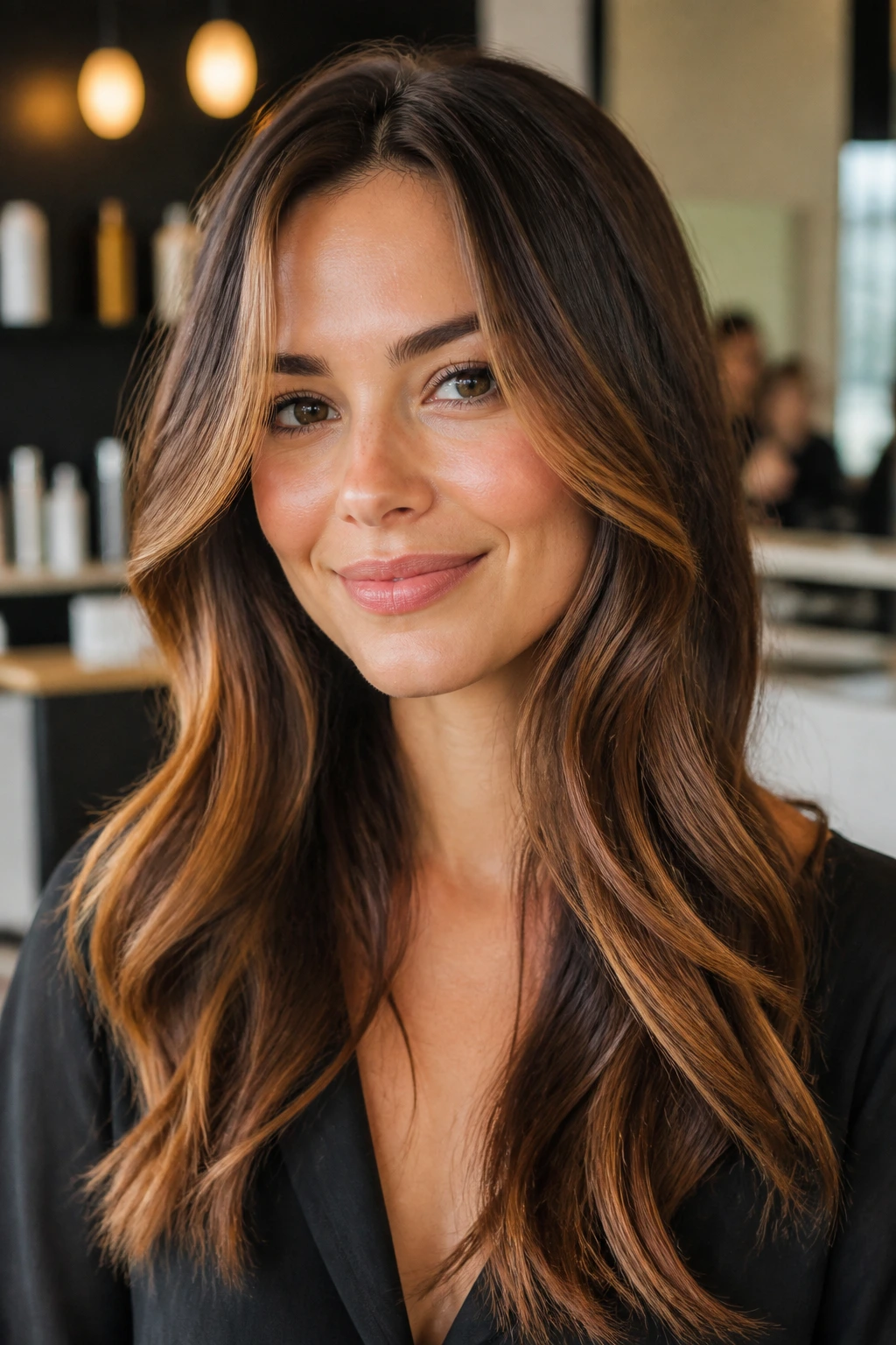 Woman with honey brown hair and copper highlight in a warm setting