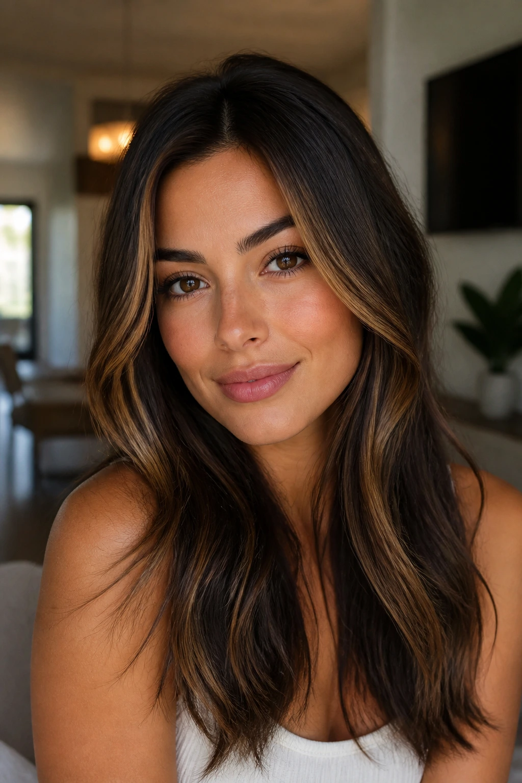 Brunette with honey-brown face frame highlighting