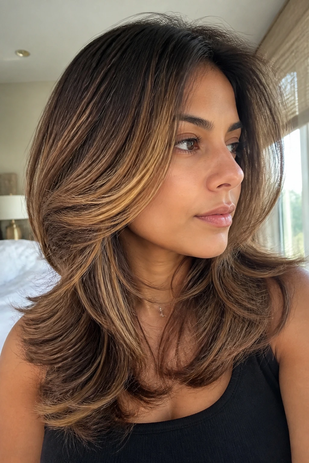 Close-up portrait of a real woman with a honey-brown feathered blowout