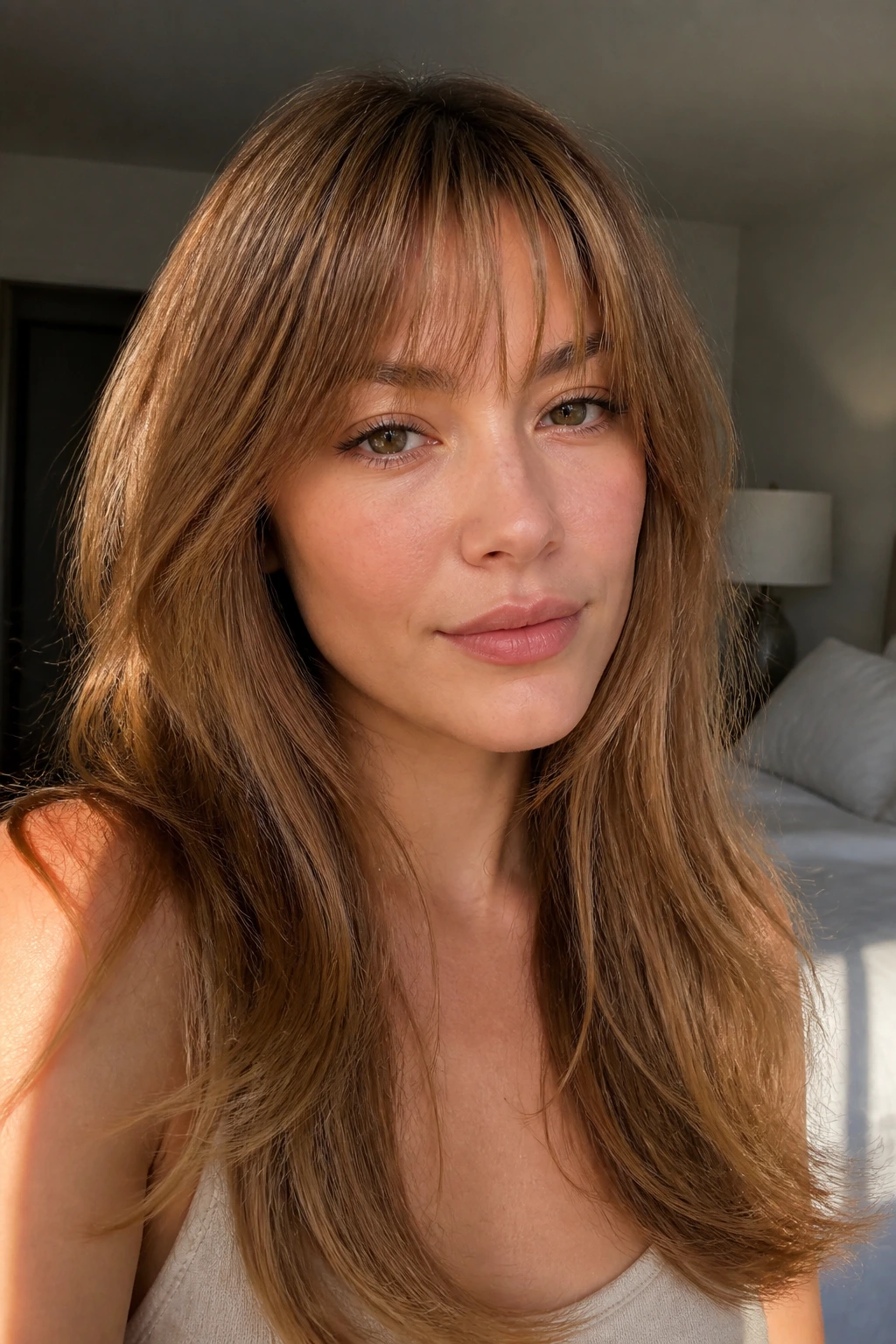 Close-up of a real woman with honey-brown soft fringe and long layers