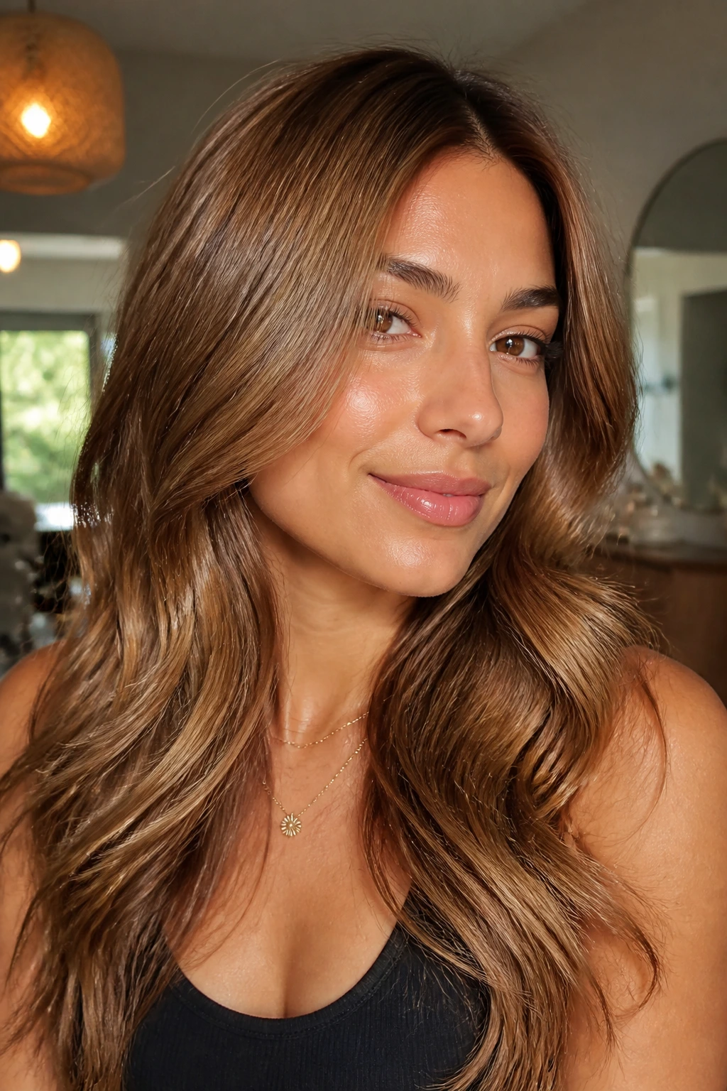 Portrait of a person with glossy honey brown hair